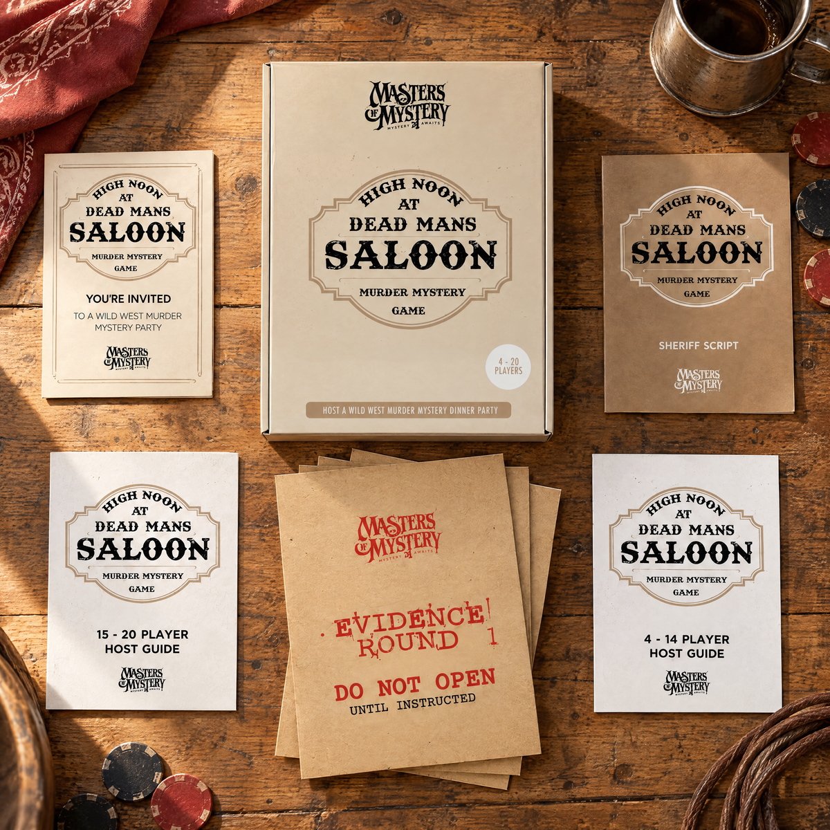 Masters of Mystery High Noon at Dead Man’s Saloon game box and printed contents arranged in a themed overhead flat lay.