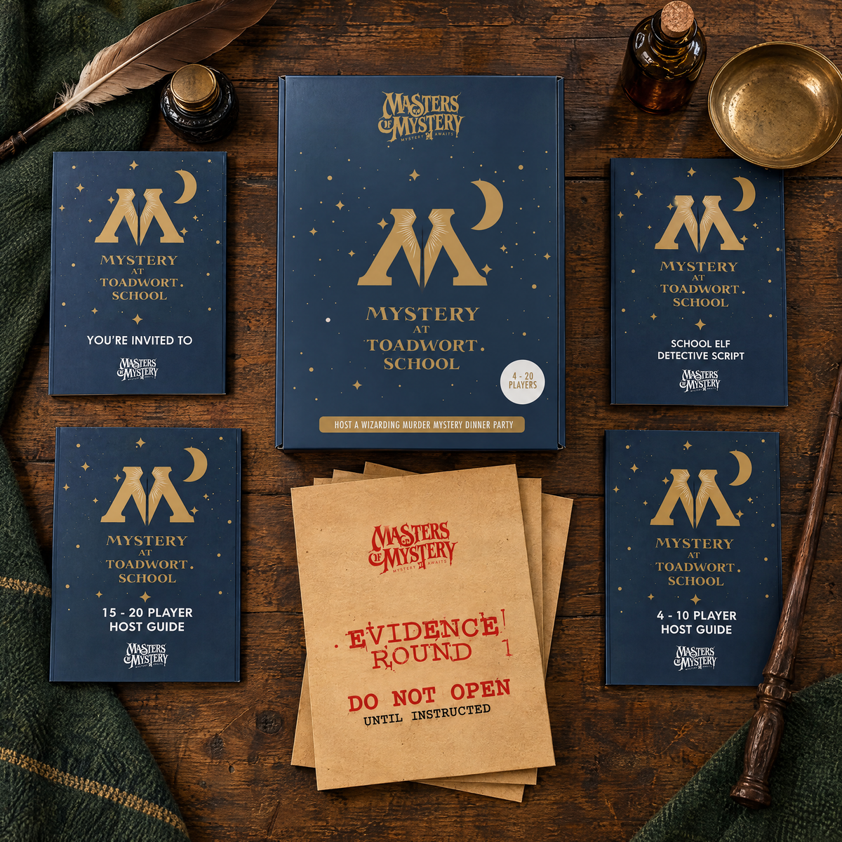 Masters of Mystery Toadwort School of Magic & Mayhem game box and printed contents arranged in a themed overhead flat lay.