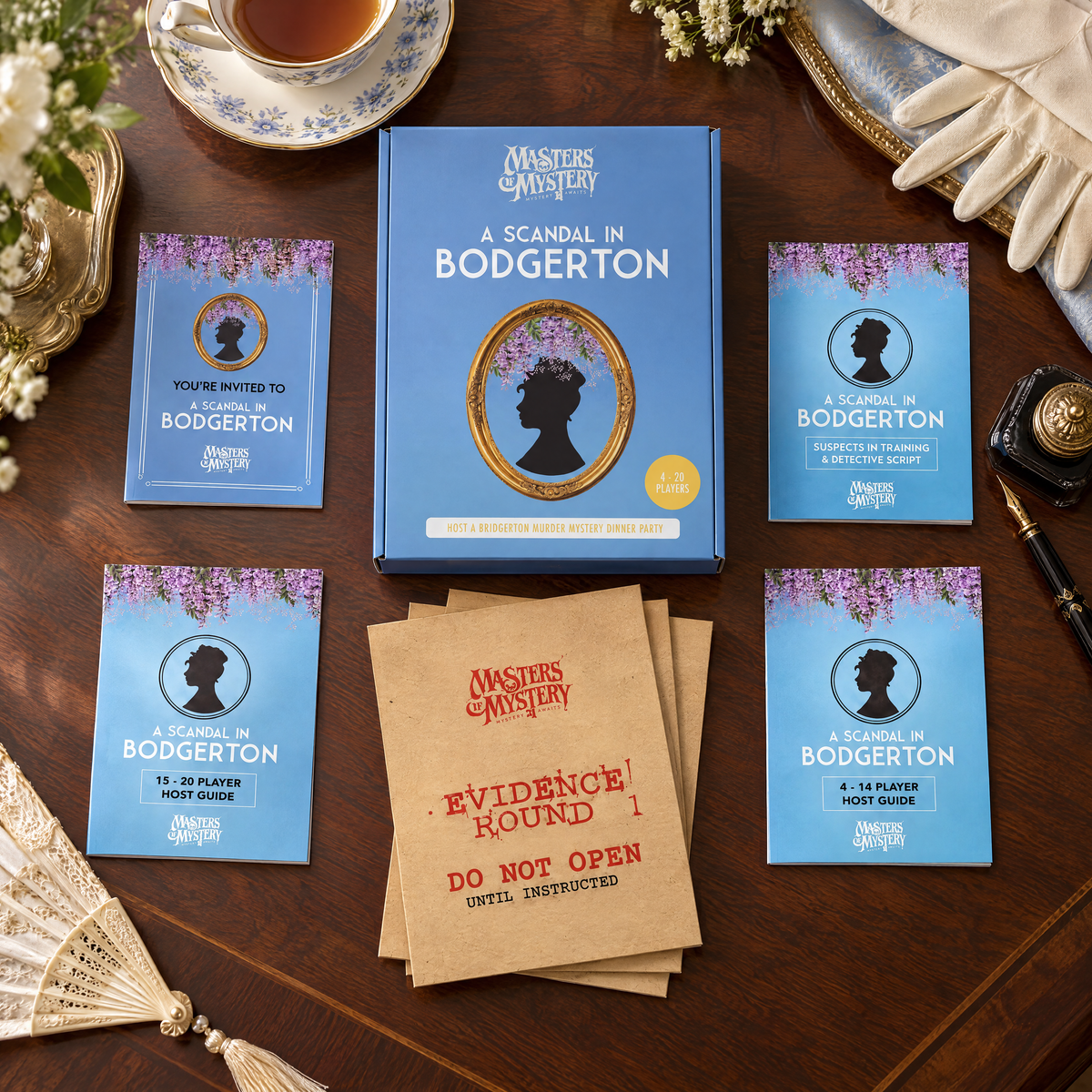 Masters of Mystery A Scandal in Bodgerton game box and printed contents arranged in a themed overhead flat lay.