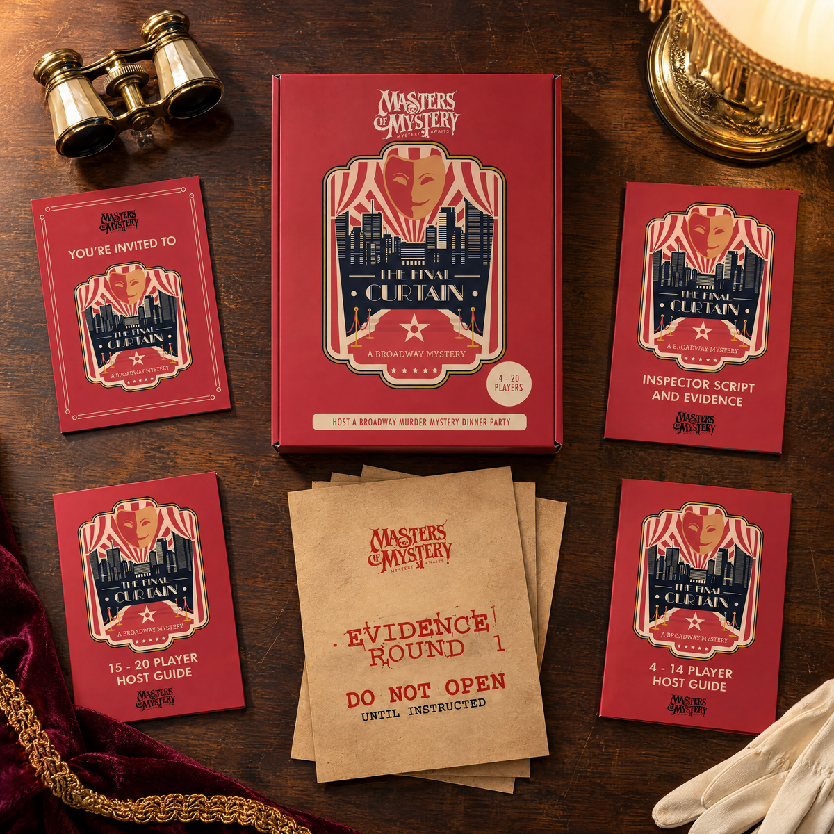 Masters of Mystery Murder on Broadway game box and printed contents arranged in a themed overhead flat lay.
