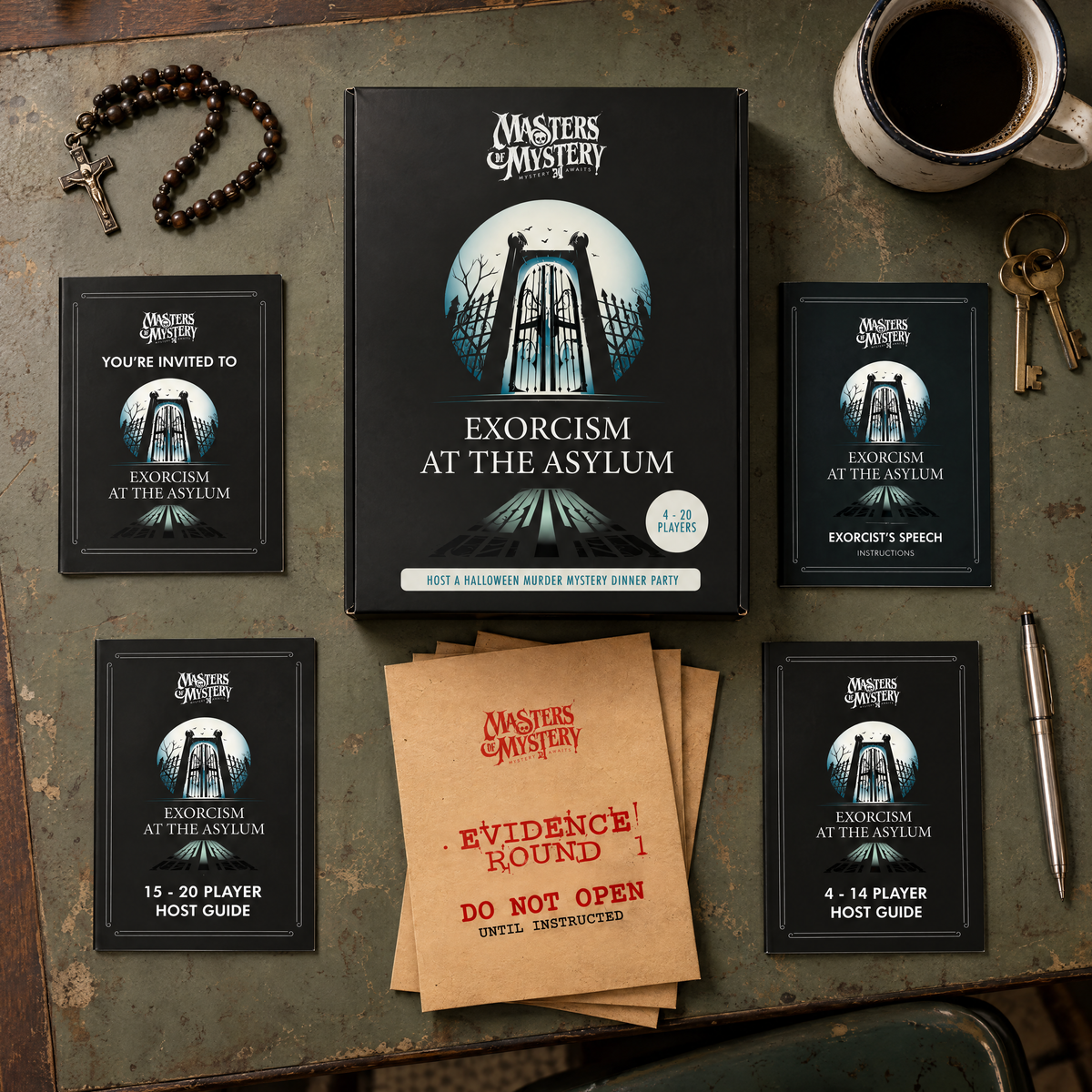 Masters of Mystery Exorcism at the Asylum game box and printed contents arranged in a themed overhead flat lay.