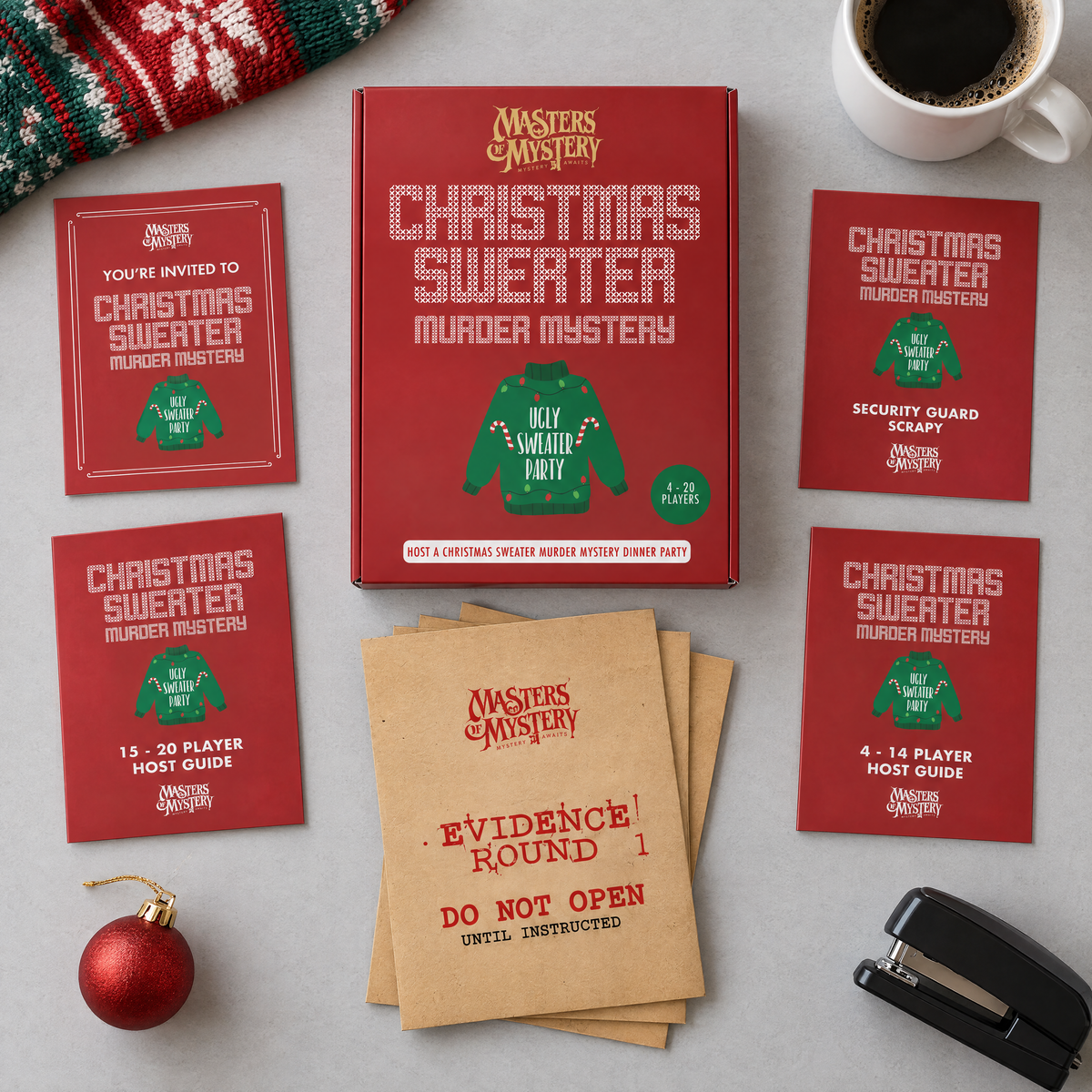 Masters of Mystery Office Christmas Sweater Murder Mystery game box and printed contents arranged in a themed overhead flat lay.