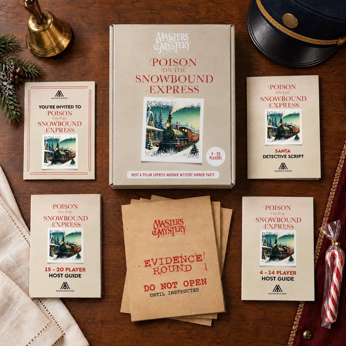 Masters of Mystery Poison on the Northern Express game box and printed contents arranged in a themed overhead flat lay.