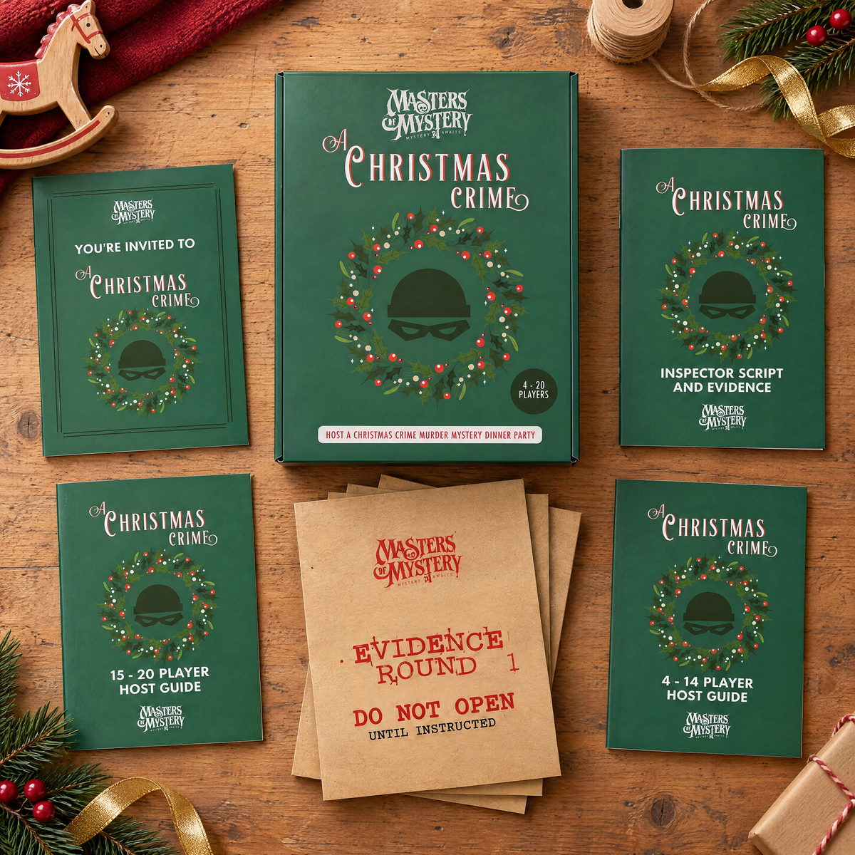 Masters of Mystery A Christmas Crime game box and printed contents arranged in a themed overhead flat lay.