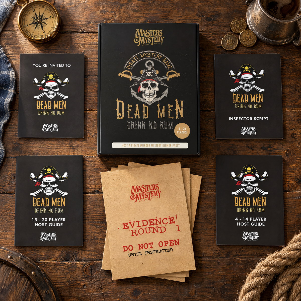 Masters of Mystery Dead Men Drink No Rum game box and printed contents arranged in a themed overhead flat lay.