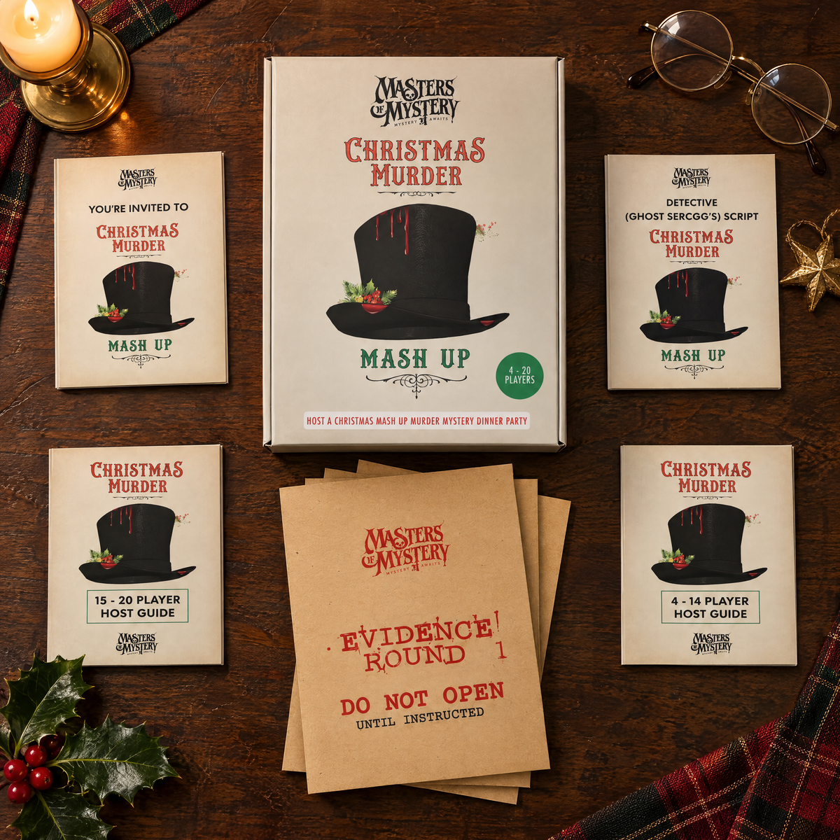 Masters of Mystery A Christmas Mash-Up Murder game box and printed contents arranged in a themed overhead flat lay.
