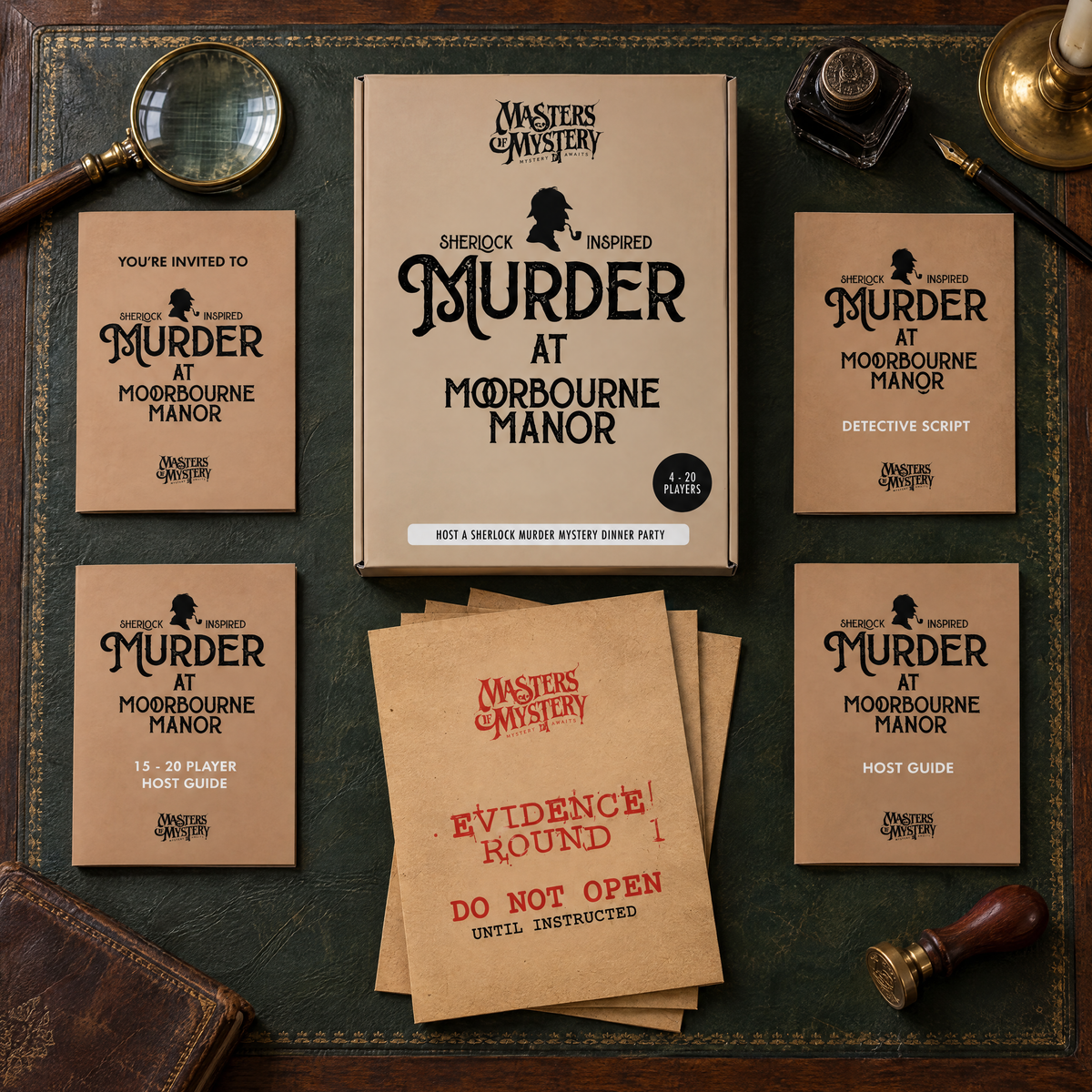 Masters of Mystery Murder at Moorbourne Manor game box and printed contents arranged in a themed overhead flat lay.