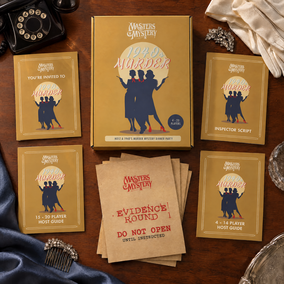 Masters of Mystery A 1940s Murder game box and printed contents arranged in a themed overhead flat lay.