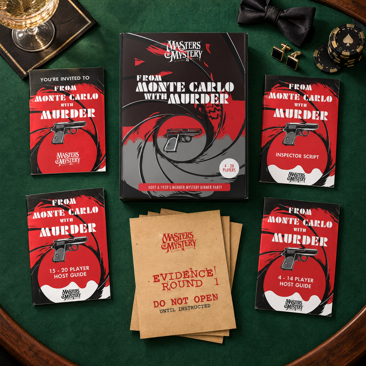 Masters of Mystery From Monte Carlo with Murder game box and printed contents arranged in a themed overhead flat lay.