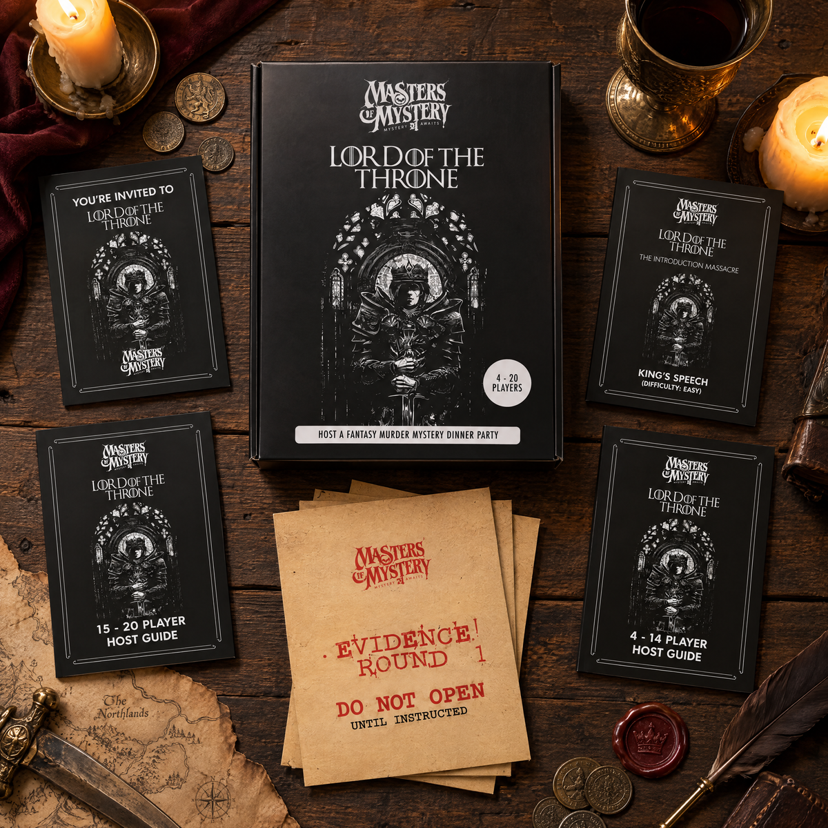 Masters of Mystery Lord of the Throne: The Hydrock Massacre game box and printed contents arranged in a themed overhead flat lay.