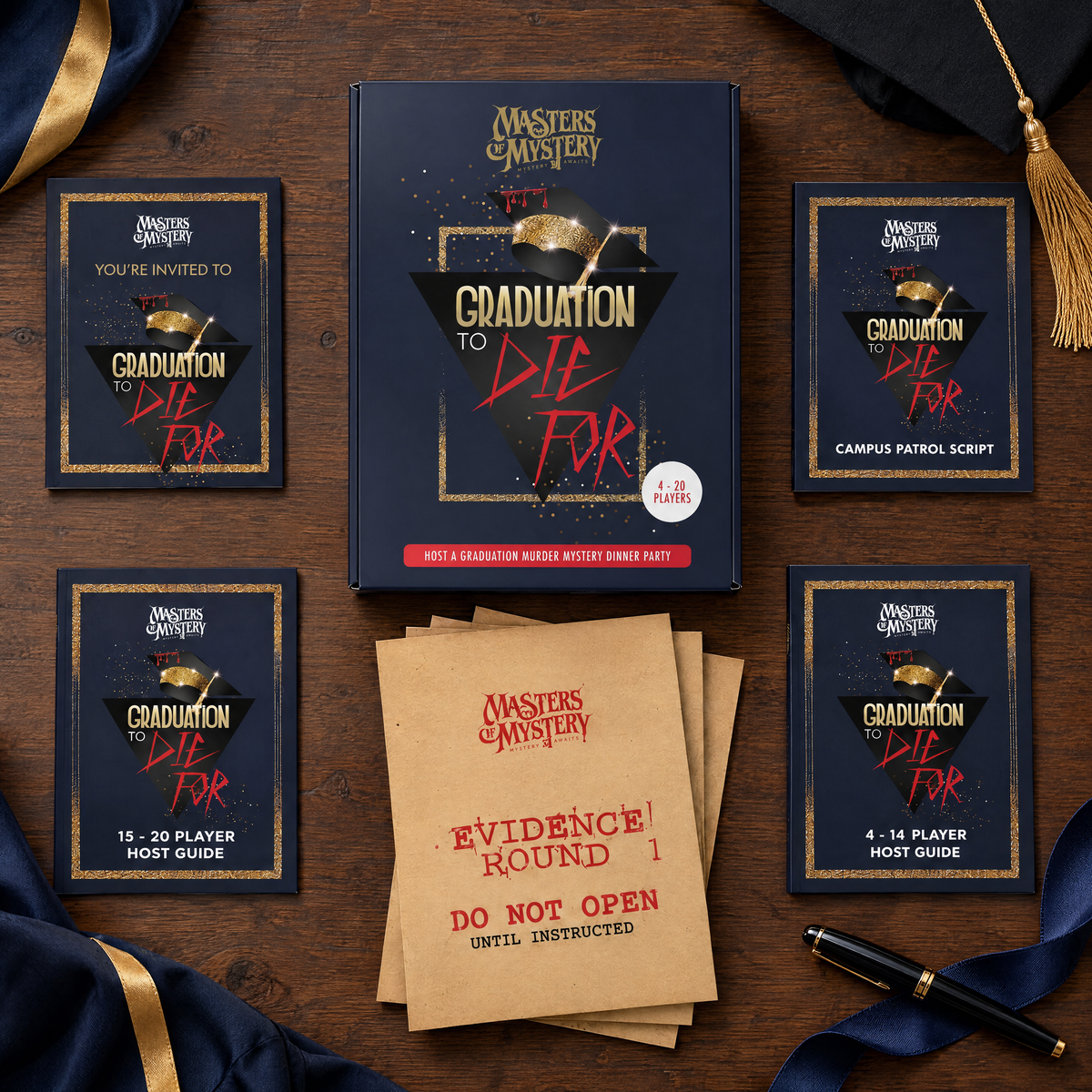 Masters of Mystery A Graduation to Die For game box and printed contents arranged in a themed overhead flat lay.