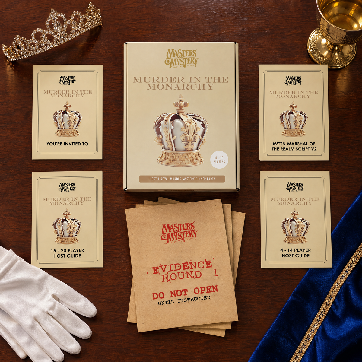 Masters of Mystery Murder in the Monarchy game box and printed contents arranged in a themed overhead flat lay.