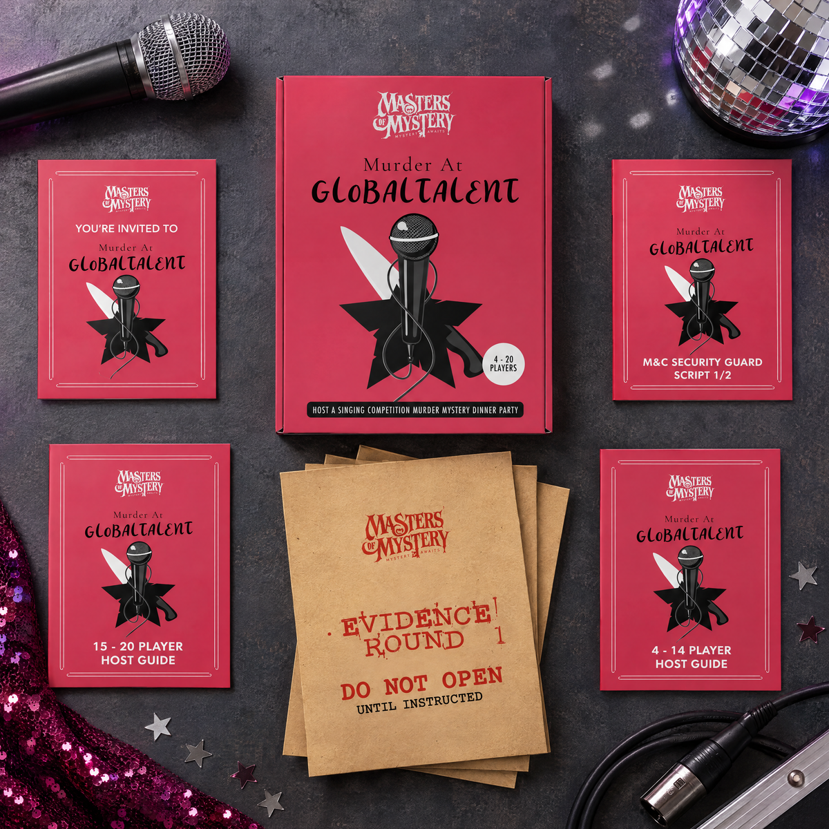 Masters of Mystery Murder at a Singing Competition game box and printed contents arranged in a themed overhead flat lay.