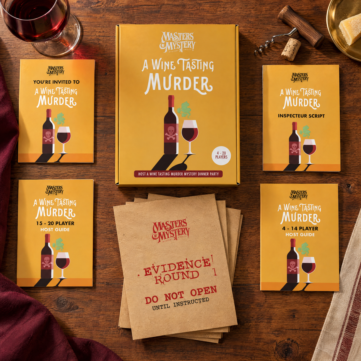 Masters of Mystery Death at an Elite Wine Tasting game box and printed contents arranged in a themed overhead flat lay.