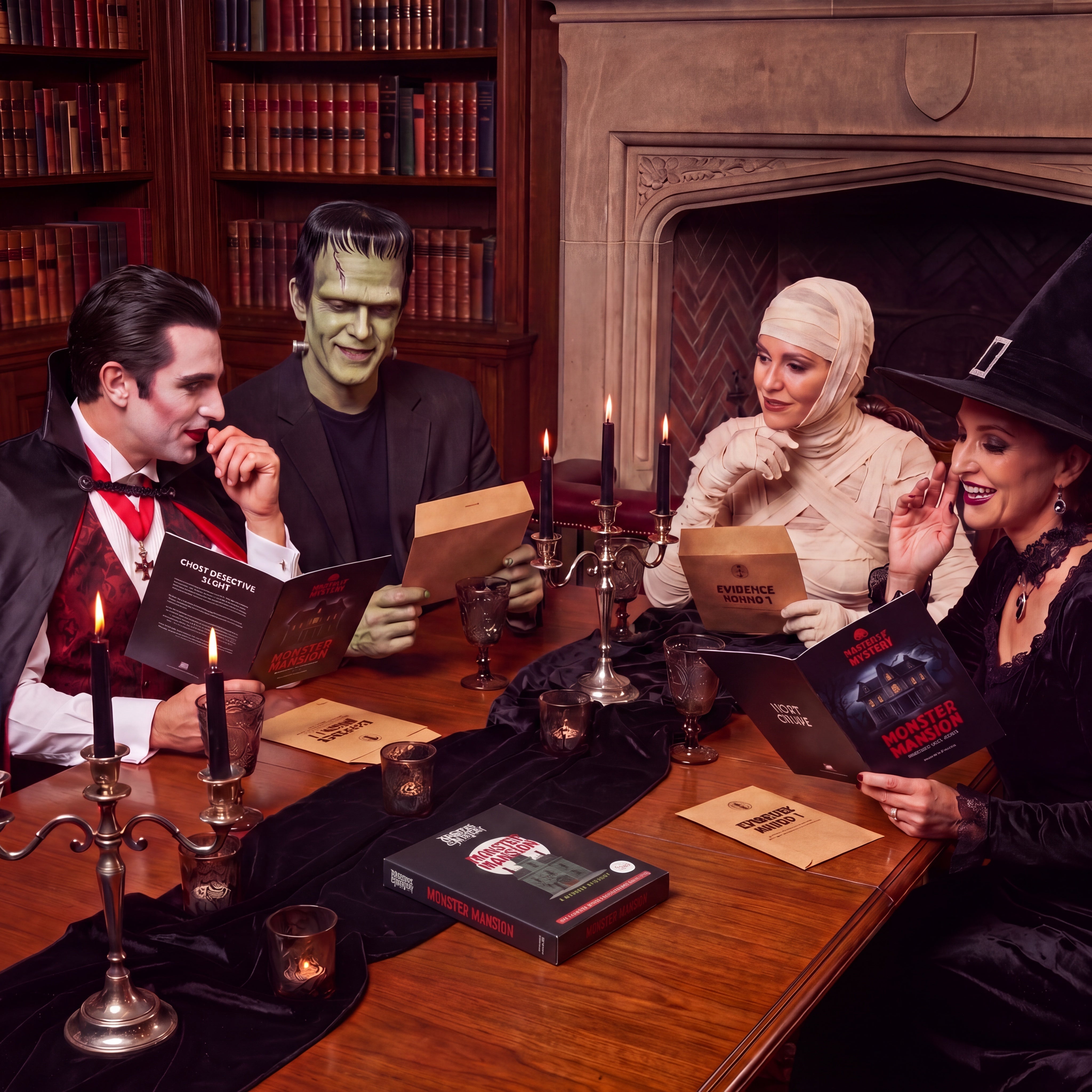 Monster Mansion Murder Mystery Game being played by guests at a themed party – 1x1 lifestyle image — image 7
