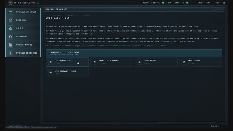 Play Bckwards gameplay: the SCSD evidence portal, case files, suspect statements, cassette tapes, the S.A.G.E. terminal and the final findings form