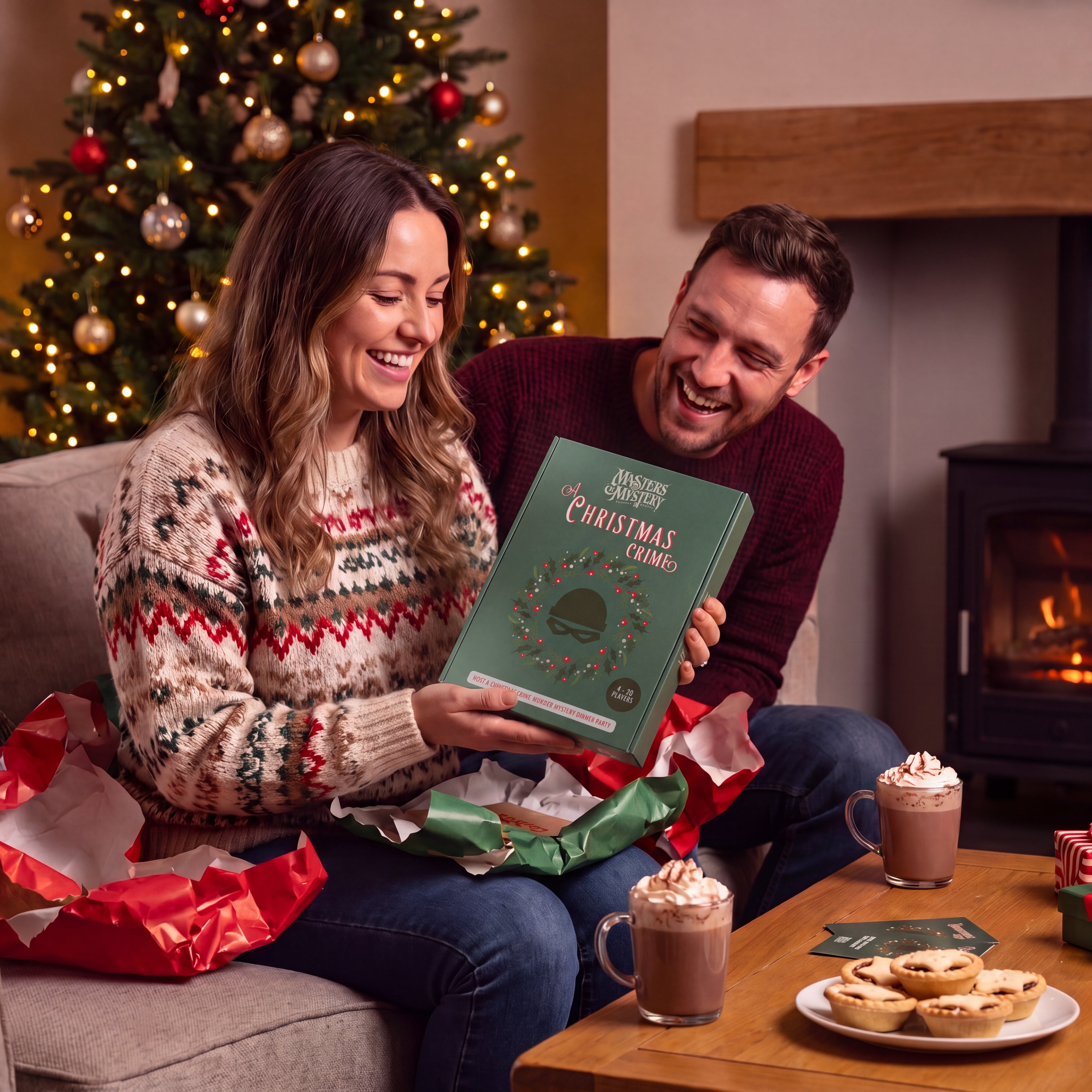 Santa’s Workshop Murder Mystery Game boxed game being given as a gift – 1x1 lifestyle image — image 7