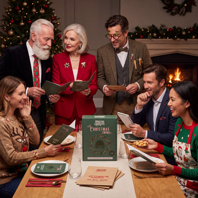 Santa’s Workshop Murder Mystery Game being played by guests at a themed party – 1x1 lifestyle image