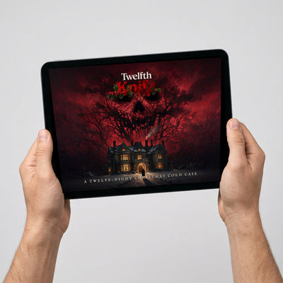 Twelfth Knife shown on an iPad held in two hands: the key art and title on screen, on a plain grey studio background