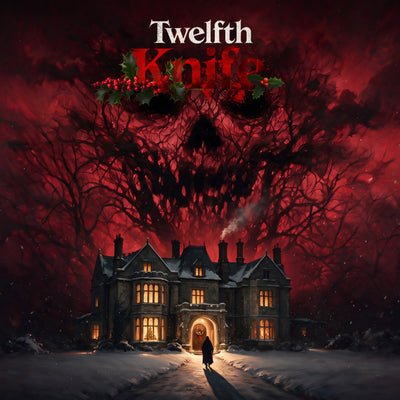 Twelfth Knife key art: Ravenscroft Hall in the snow at Christmas 1976, a figure at the door, a skull in the red winter sky