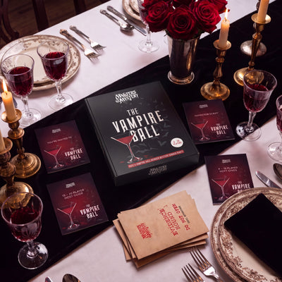 Vampire Ball Murder Mystery Game arranged on a themed dinner table – 1x1 lifestyle image