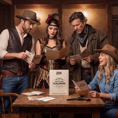 Wild West Murder Mystery Game being played by guests at a themed party – 1x1 lifestyle image