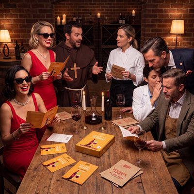 Wine Tasting Murder Mystery Game being played by guests at a themed party – 1x1 lifestyle image