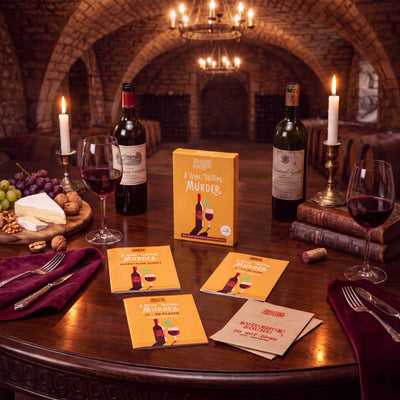 Wine Tasting Murder Mystery Game arranged on a themed dinner table – 1x1 lifestyle image