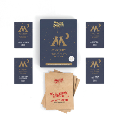 Wizarding Murder Mystery Game complete contents arranged in a true overhead flat lay