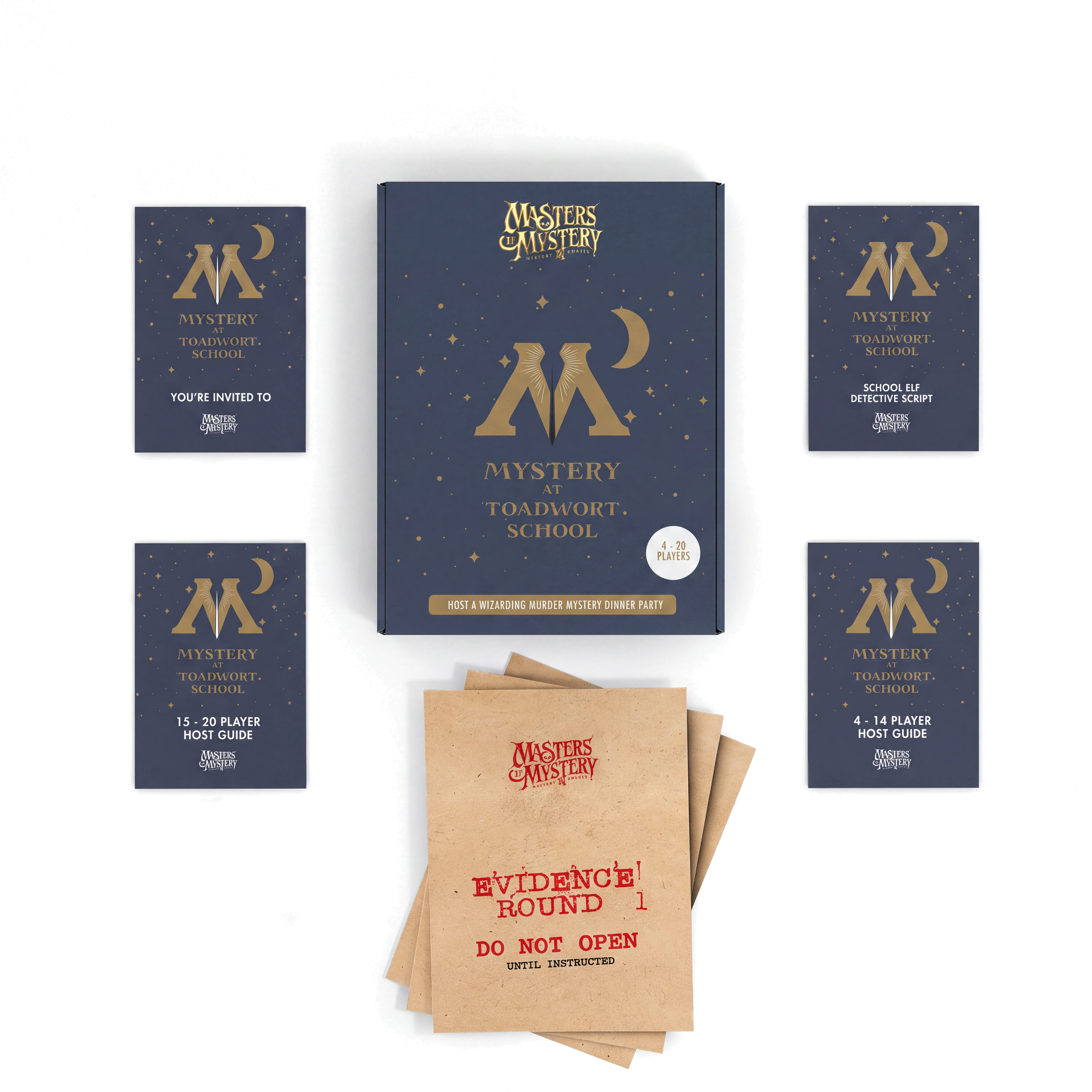 Wizarding Murder Mystery Game complete contents arranged in a true overhead flat lay